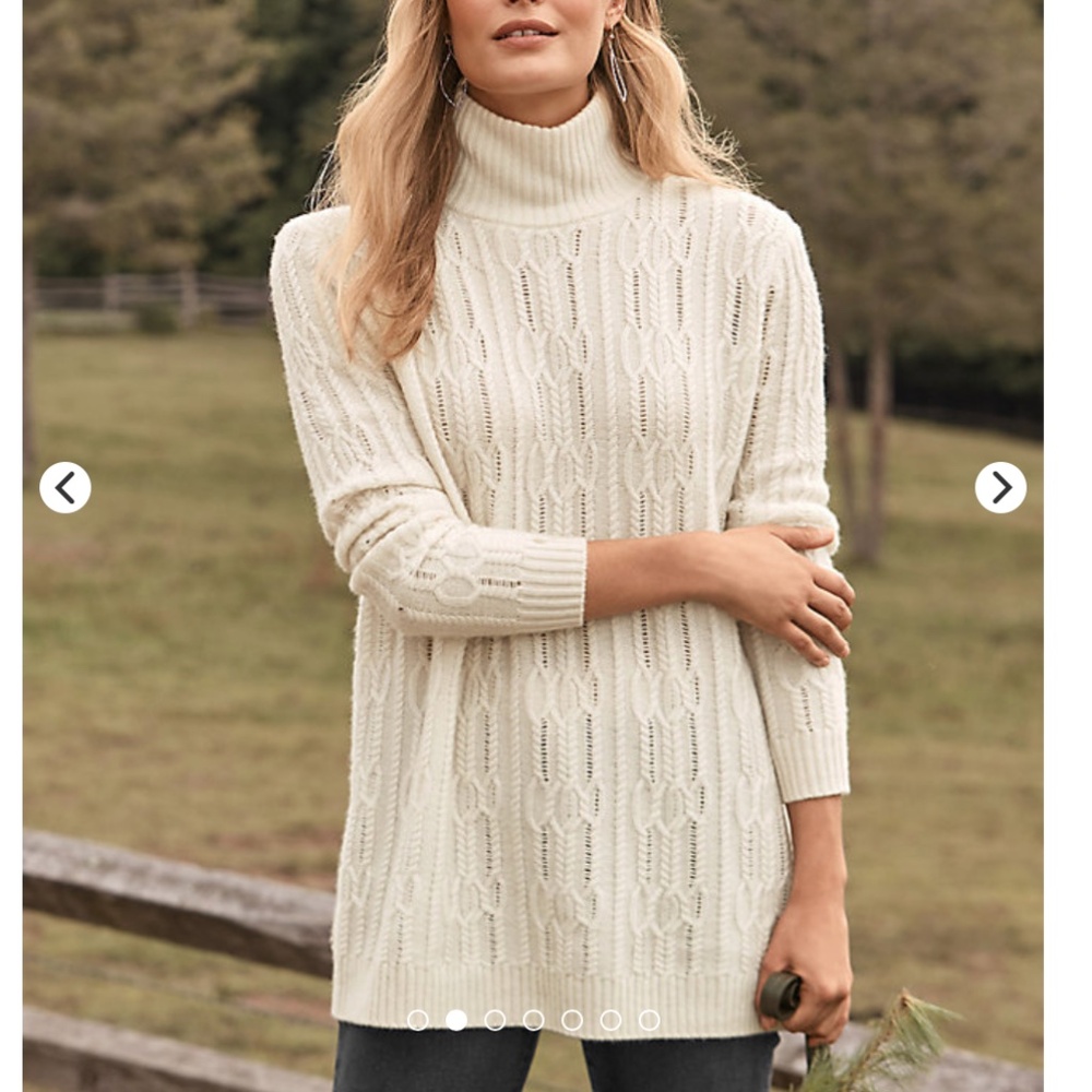 Garnet Hill Oversized Cable Turtleneck Sweater M Ivory Cashmere Wool Cottage